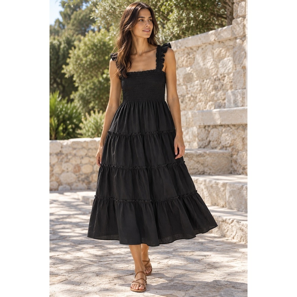 Quince Midi Dress Women Sz XS Black Tiered Ruffled Straps Organic Cotton Smocked